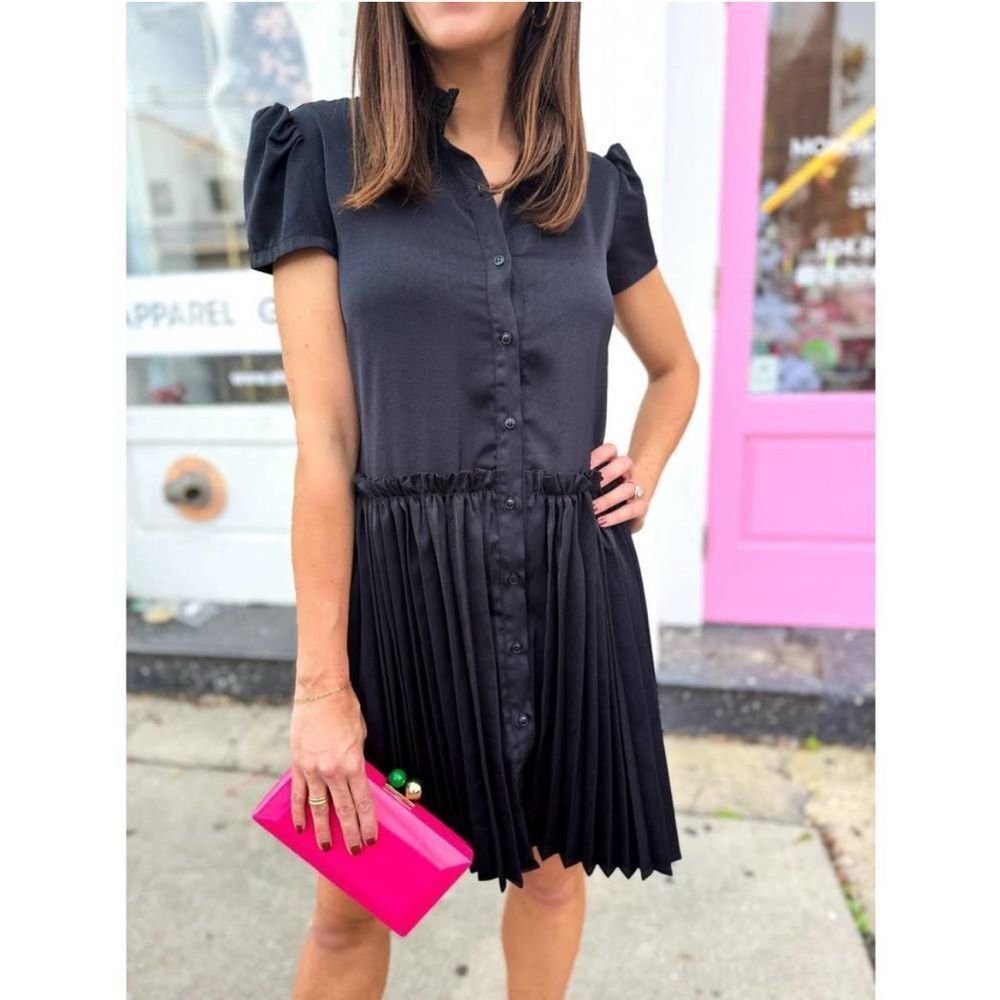 Taylor Tillman Katie Pleated Mini Shirt Dress Black Puff Sleeve NWT Small